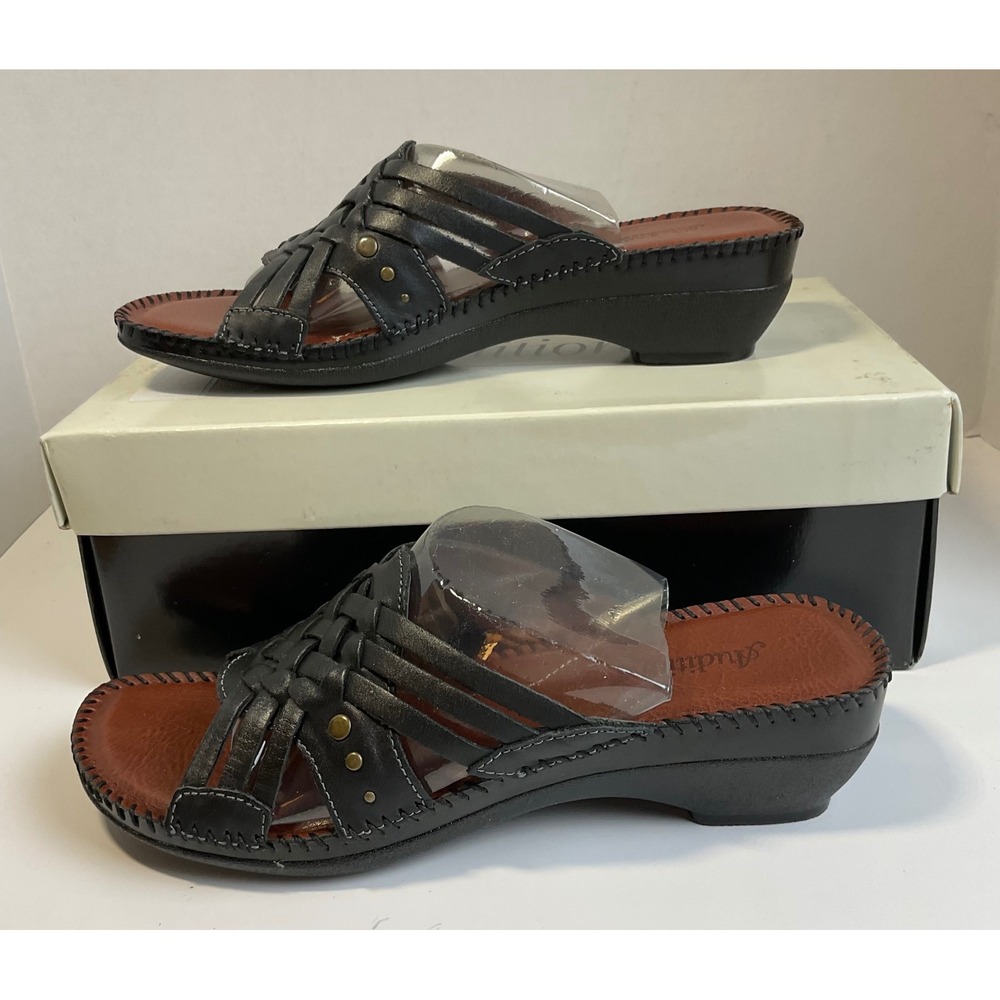 Auditions Tango Black Leather Woven Slide Sandals Womens 8 S Narrow Wedge Mules
